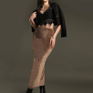 Grove Women High-Rise Stretchable Velvet Solid Back Slit Midi Party Pencil Skirt (28 to 38 Size)