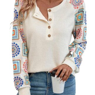 Grove Geometric Regular Fit Floral Print Round Nack Full l Long Sleeve Trendy TOP for Women